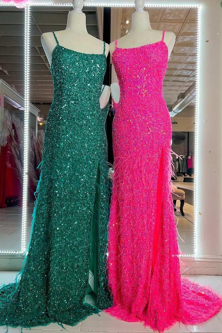 2024 Cheap Long Sequins Prom Dress Hot Pink Evening Dress with Feathers MyChicDress