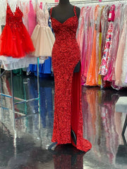 2024 High Slit Sequin Red Prom Dresses Long V Neckline Mermaid Evening Dress MyChicDress