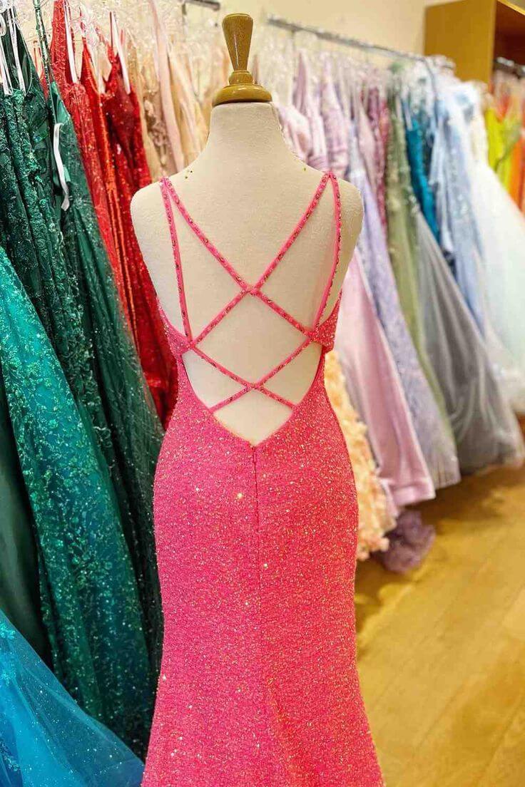 2024 Hot Pink V Neck Sequins Long Prom Dresses Crossed Back Mermaid with Slit MyChicDress