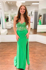 2024 Long Corset Lace Green Prom Dress Sweetheart Applique with Slit MyChicDress