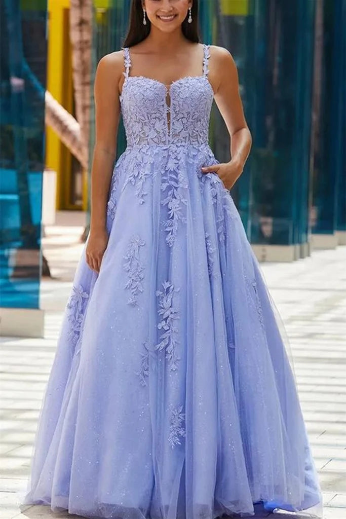 2024 Long Lace Prom Dresses with Pockets V Neck Cheap Formal Evening Dresses MyChicDress