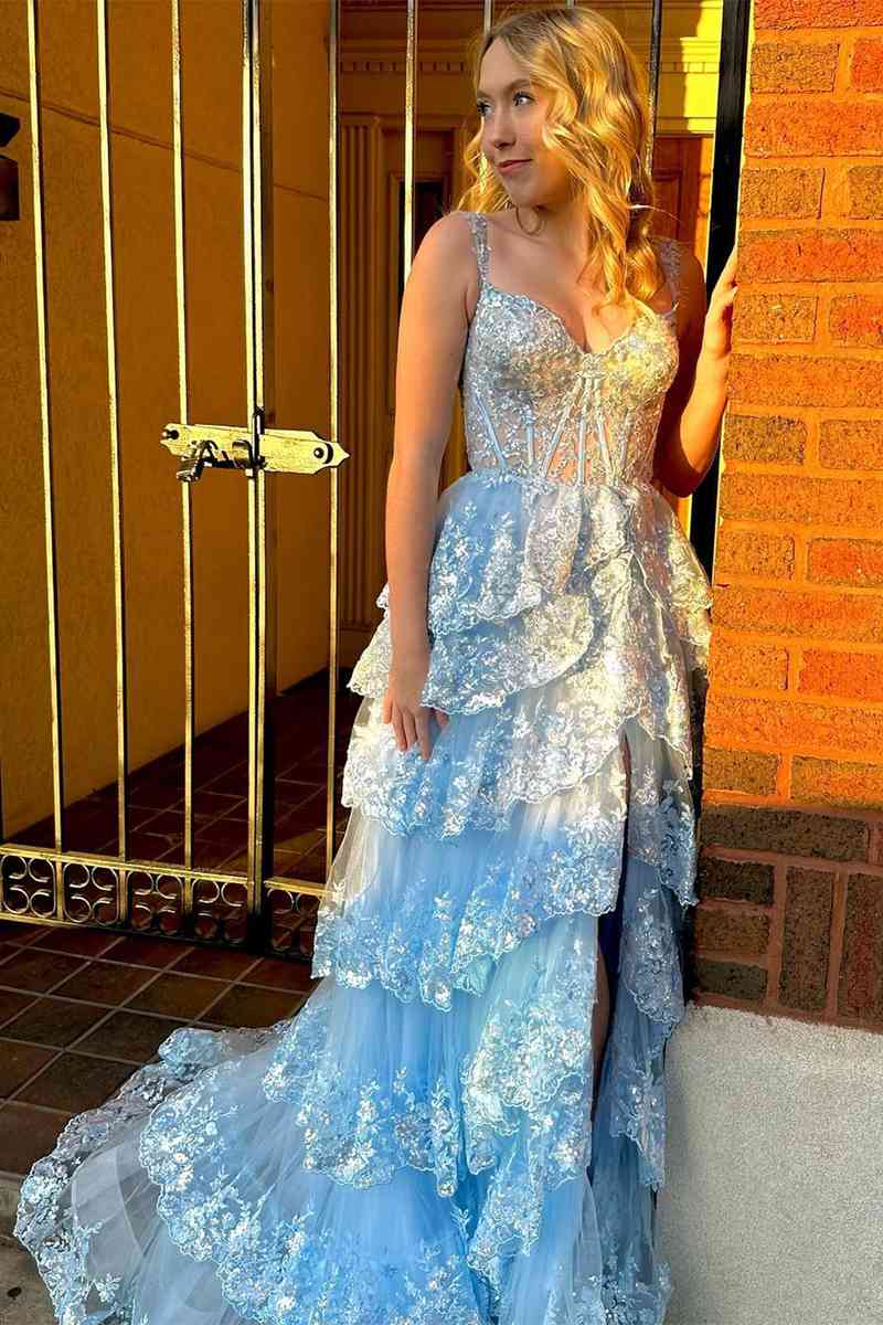 2024 Long Light Blue Corset Lace Prom Gowns Tiered Tulle Formal Graduation Dress MyChicDress