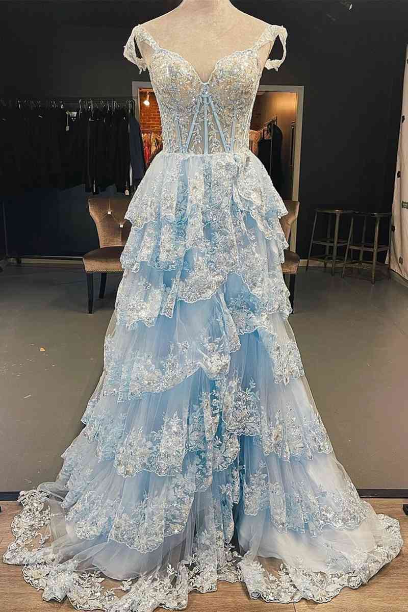 2024 Long Light Blue Corset Lace Prom Gowns Tiered Tulle Formal Graduation Dress MyChicDress