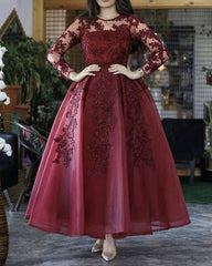 2024 Long Sleeves Burgundy Wedding Guest Dress Short Ankle Length Prom Dress Lace MyChicDress