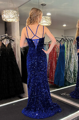 2024 Royal Blue Sequins Long Prom Dress Mermaid Straps Evening Dress UK with Slit MyChicDress