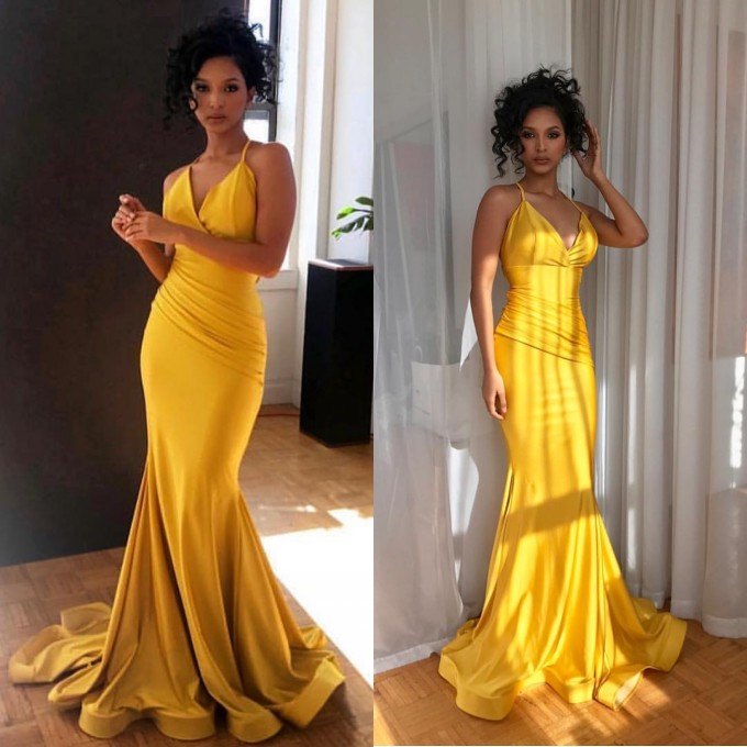 Yellow Prom Dress V-Neck Sexy Mermaid Evening Gown - MyChicDress