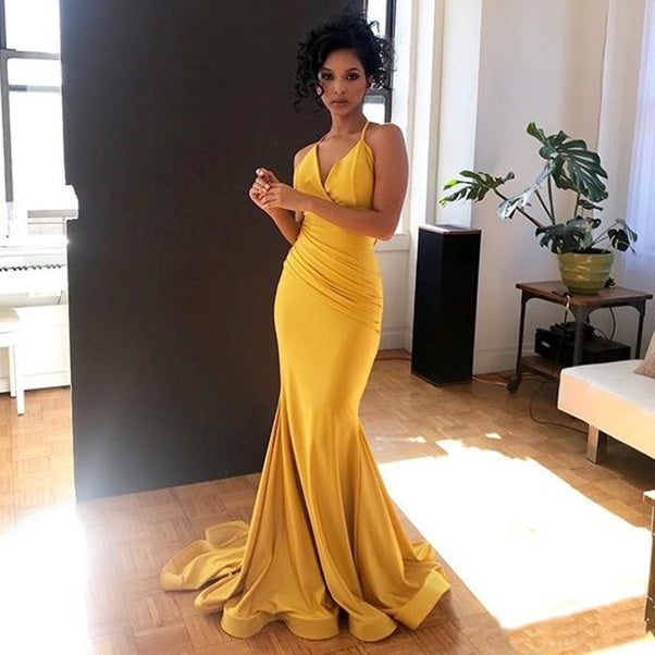 Yellow Prom Dress V-Neck Sexy Mermaid Evening Gown - MyChicDress