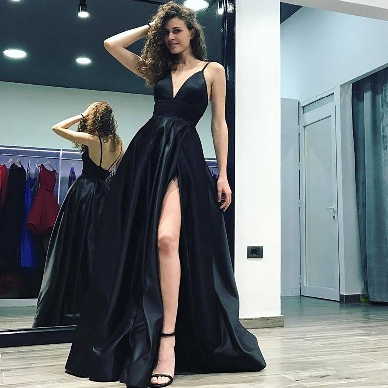 A-Line Black Prom Dresses Spaghetti Straps Slit Evening Dresses Long MyChicDress