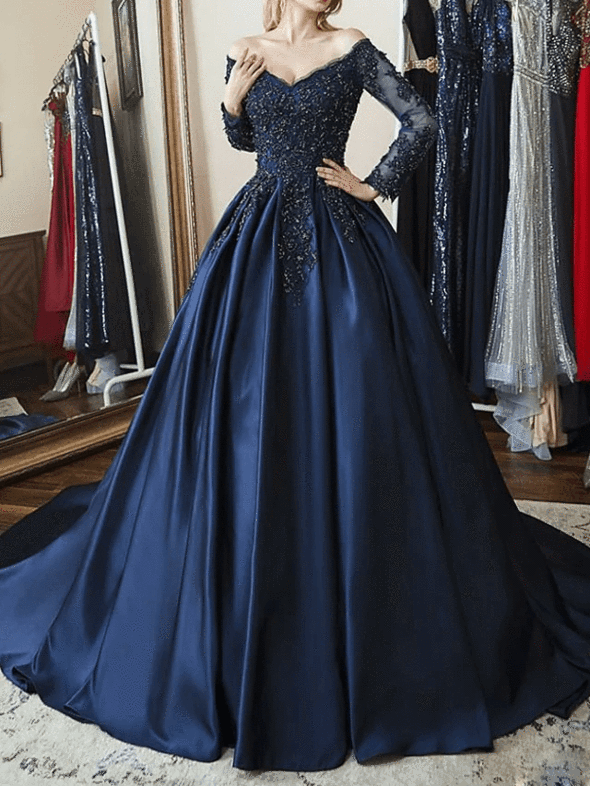 2025 A Line Prom Dresses Navy Blue Long Sleeves Appliques V Neck Evening Gown MyChicDress