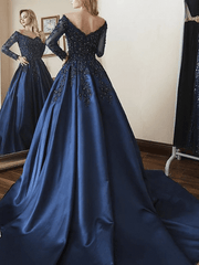 2025 A Line Prom Dresses Navy Blue Long Sleeves Appliques V Neck Evening Gown MyChicDress