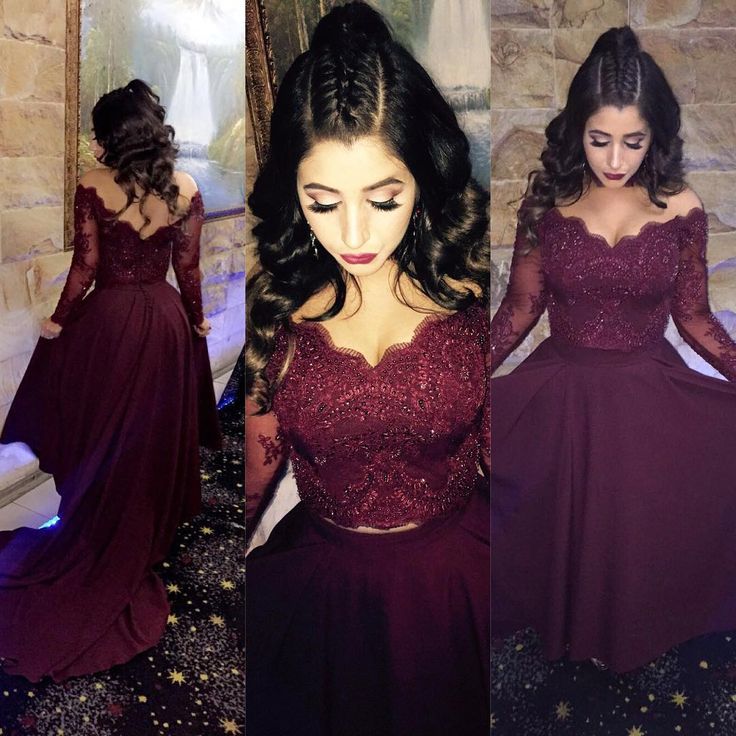 2025 A-line Long-Sleeve Lace Burgundy Prom Dresses Hi low Beads Dress - MyChicDress