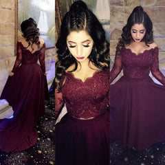 2025 A-line Long-Sleeve Lace Burgundy Prom Dresses Hi low Beads Dress - MyChicDress