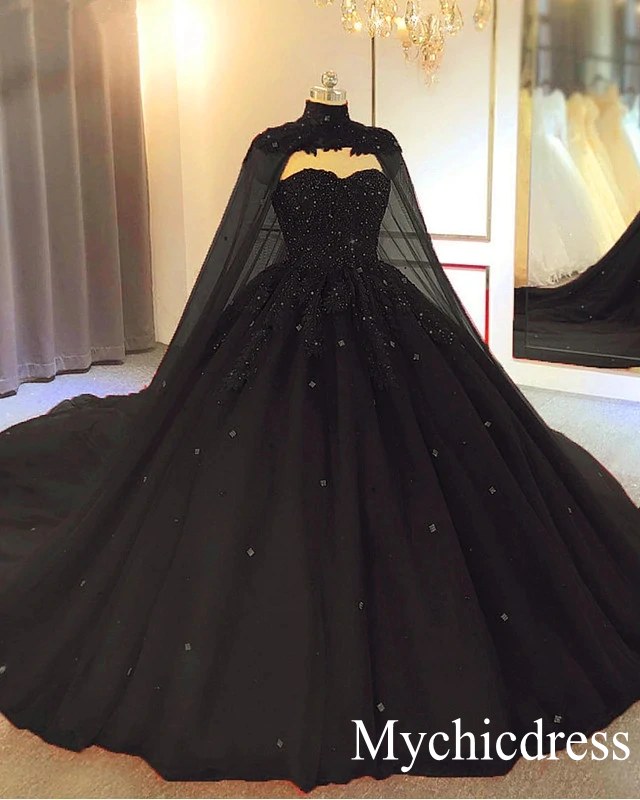 2025 Ball Gown Appliques Crystals Gothic Black Wedding Dresses Sleeveless with Cape MyChicDress