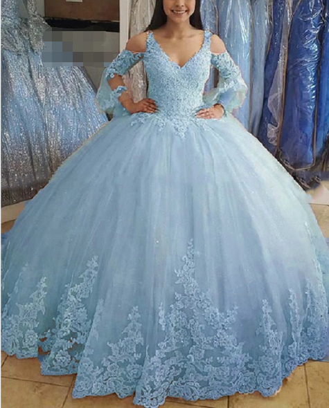 2025 Ball Gown Lace Yellow Quince Dresses Cheap Long Sleeves Tulle Sweet 16 Dress MyChicDress