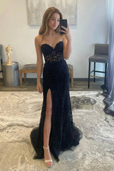 2025 Black Lace Prom Dresses Strapless Split Long Evening Dresses Mermaid MyChicDress