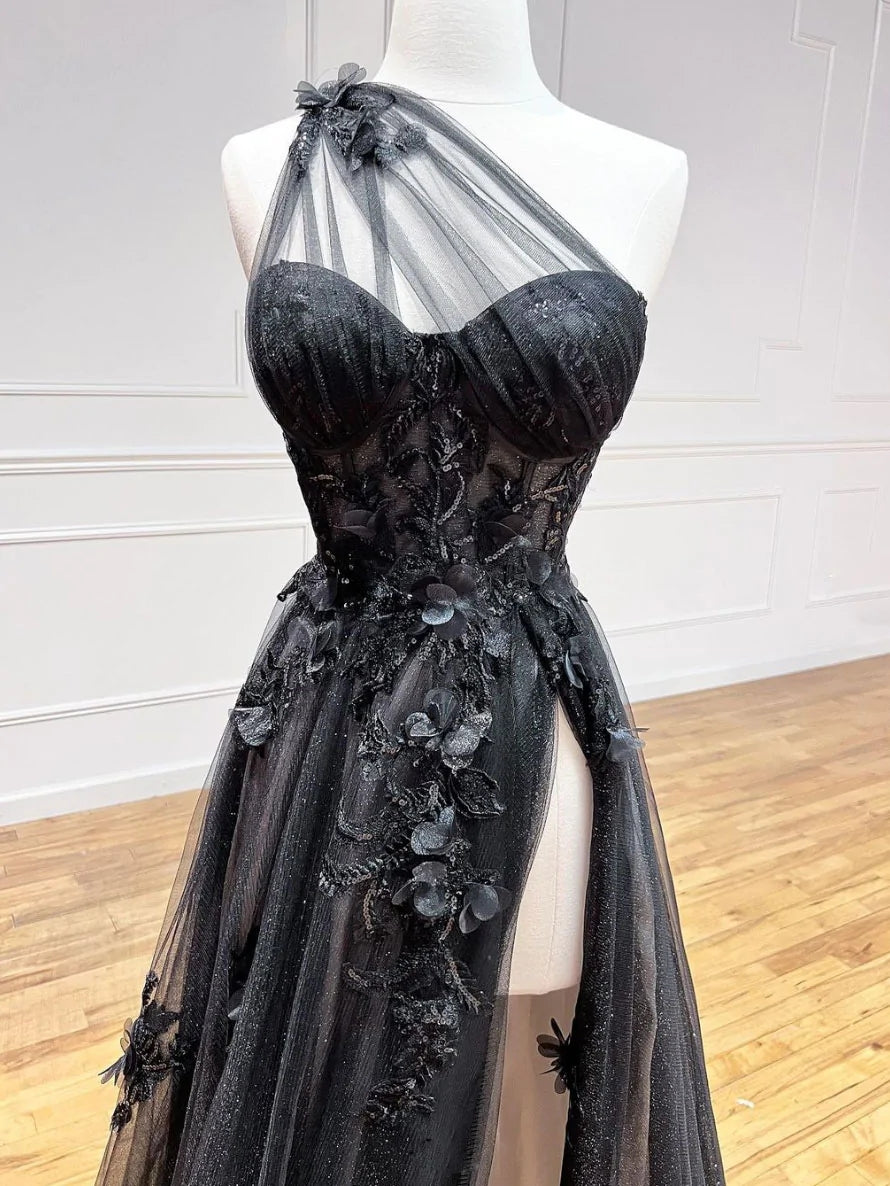 2025 Black One Shoulder Long Prom Dresses Formal Dress with Split MyChicDress