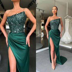 2025 Cheap Dark Green Prom Dress Sequins Satin Formal Dress With Split MyChicDress