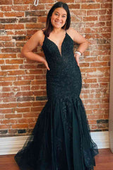 2025 Cheap Long Mermaid Black Prom Dresses Appliques Formal Dress with Cutout Back MyChicDress