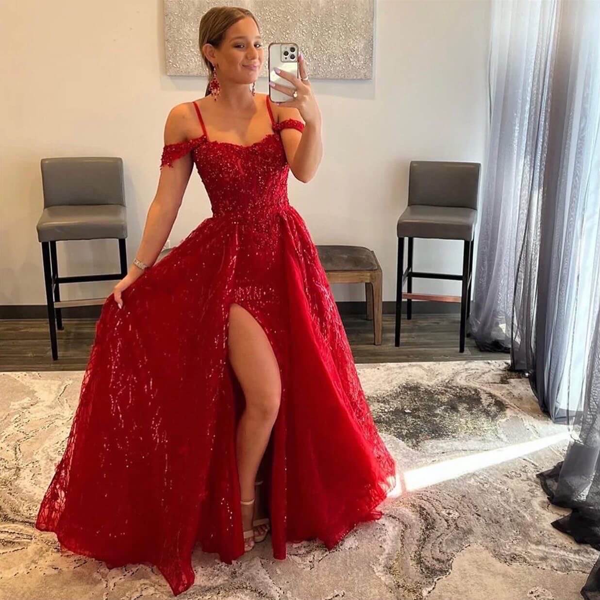 2025 Cheap Red Sequin Lace Prom Dresses Corset Top Off The Shoulder Formal Dress MyChicDress