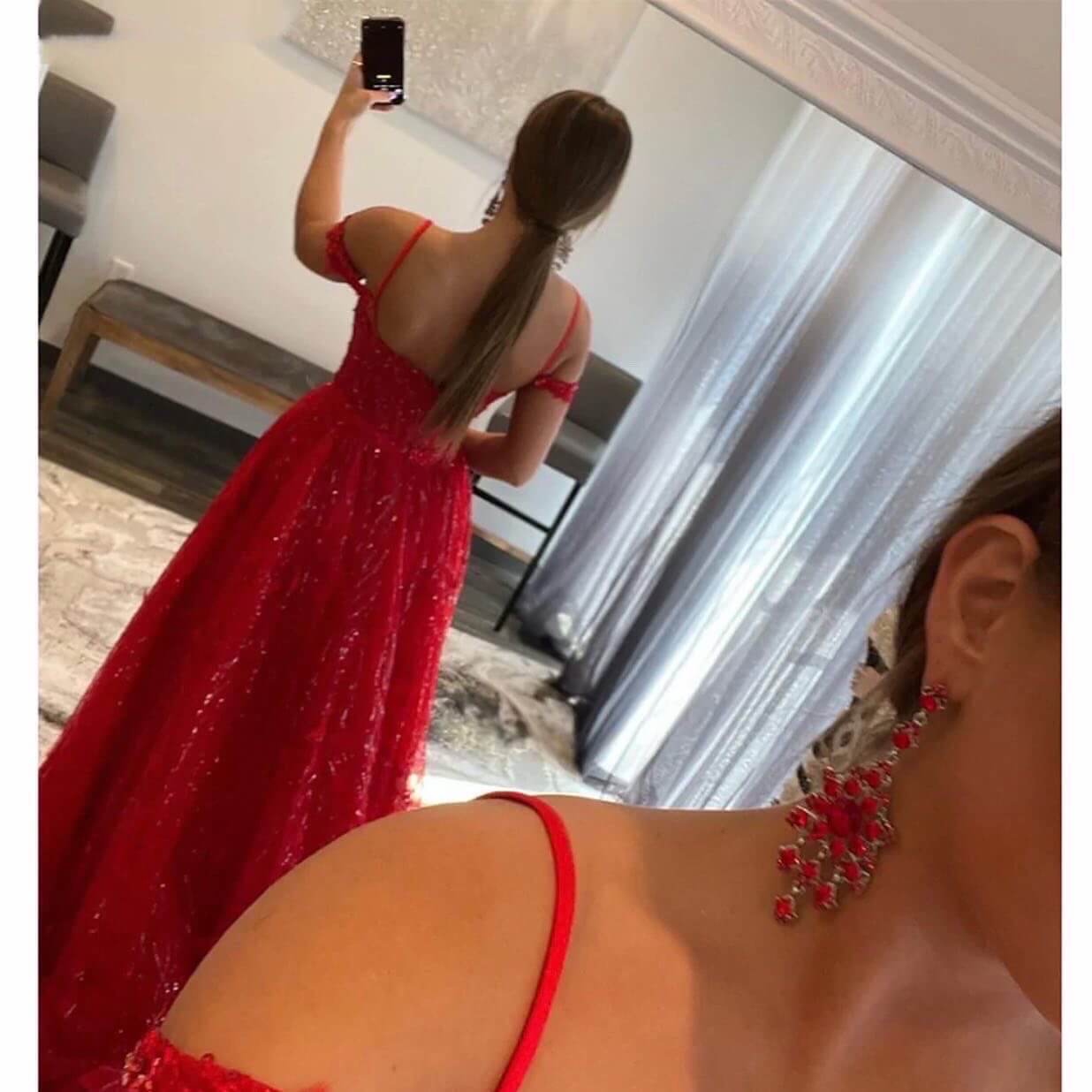 2025 Cheap Red Sequin Lace Prom Dresses Corset Top Off The Shoulder Formal Dress MyChicDress