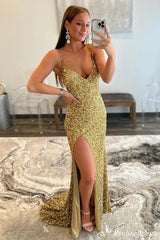 2025 Cheap Sequin Gold Prom Dresses V Neck Mermaid UK Evening Dresses MyChicDress