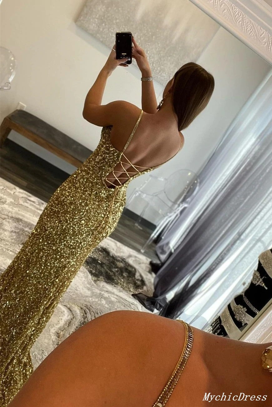 2025 Cheap Sequin Gold Prom Dresses V Neck Mermaid UK Evening Dresses MyChicDress