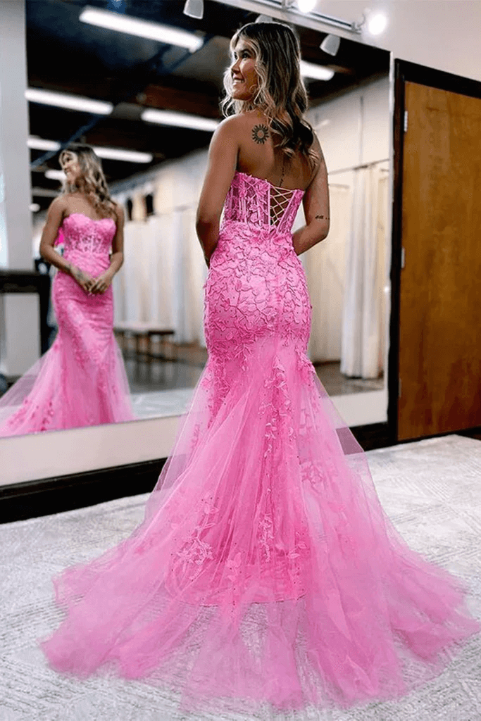 2025 Corset Pink Prom Dresses Mermaid Lace Long Beaded Formal Dresses Strapless MyChicDress