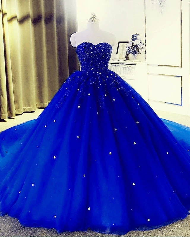 2025 Crystals Royal Blue Prom Dresses Ball Gown Beaded Sweetheart Quinceanera Dresses MyChicDress