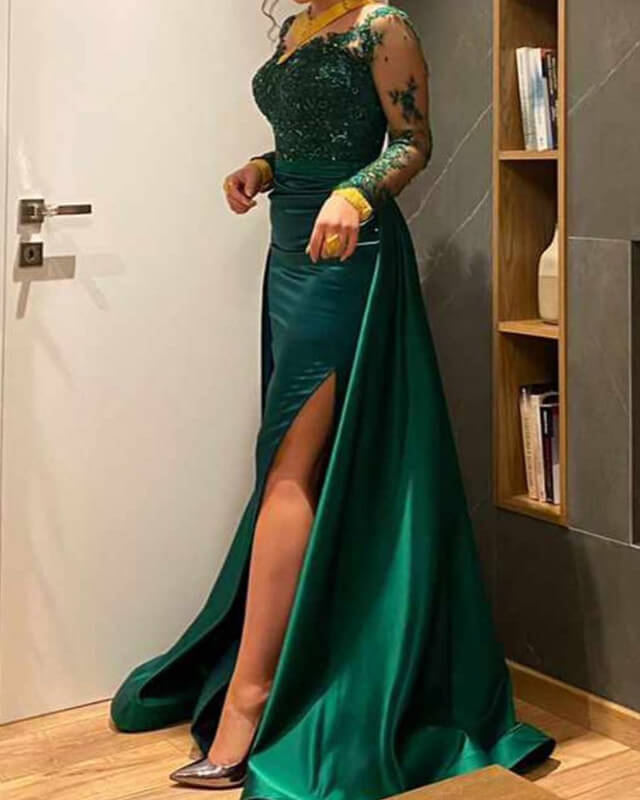 2025 Green Lace Prom Dresses Satin Mermaid V-neck Evening Dresses with Sleeves MyChicDress