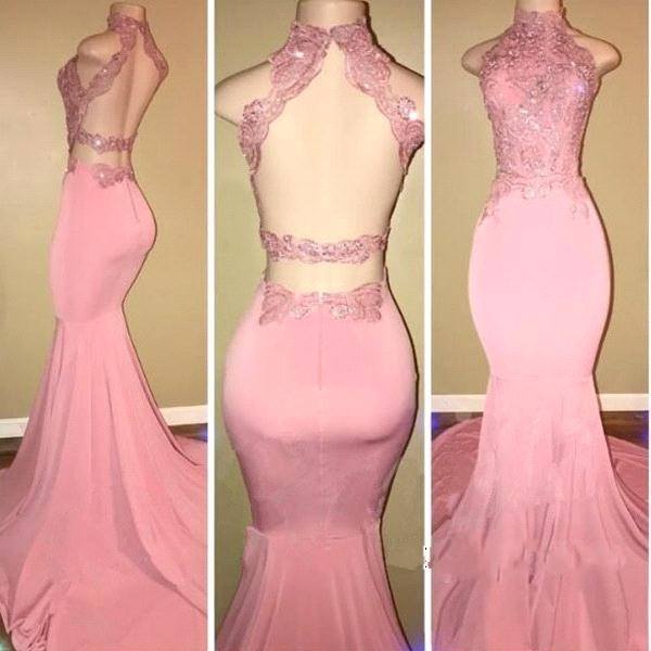 2025 High-Neck Mermaid Long Pink Prom Dresses - MyChicDress