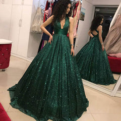 2025 Hot Green Sequined Prom Dresses Long V Neck Ball Gown Quinceanera Dresses MyChicDress