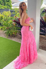 2025 Lace Mermaid Pink Prom Dresses Long Sweetheart Formal Dresses Open Back MyChicDress