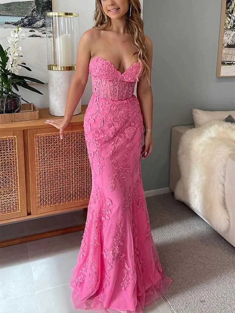 2025 Lace Mermaid Pink Prom Dresses Long Sweetheart Formal Dresses Open Back MyChicDress