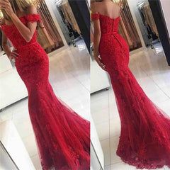 2025 Lace Red Prom Dresses Off-the-shoulder Mermaid Appliques Gowns - MyChicDress