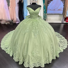 2025 Lace Sage Green Quinceanera Dresses Applique Off Shoulder Sweet 16 Dress MyChicDress