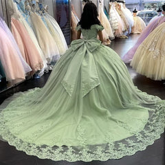 2025 Lace Sage Green Quinceanera Dresses Applique Off Shoulder Sweet 16 Dress MyChicDress