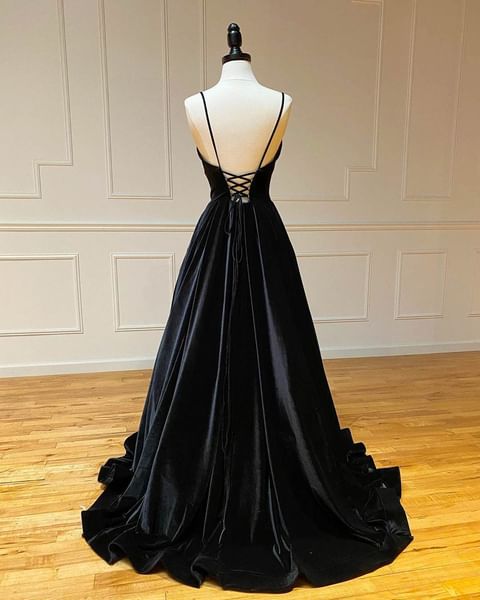 2025 Long Black Velvet Prom Dresses Spaghetti Straps V Neck Evening Party Dress MyChicDress