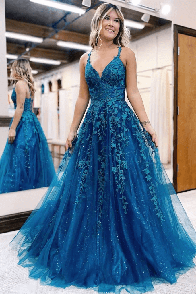 2025 Long Blue Lace Prom Dresses V Neck Formal Evening Dresses Open Back MyChicDress