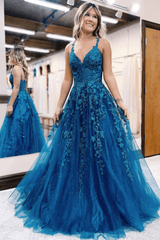 2025 Long Blue Lace Prom Dresses V Neck Formal Evening Dresses Open Back MyChicDress