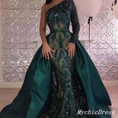 2025 Long Lace one Shoulder Prom Dresses Emerald Green UK Detachable Train MyChicDress