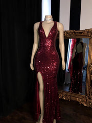 2025 Long Mermaid Burgundy Sequin Prom Dresses Glitter Split Evening Gown MyChicDress