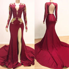 2025 Long Mermaid Gold Red Lace Prom Dresses Mermaid Formal Gowns MyChicDress