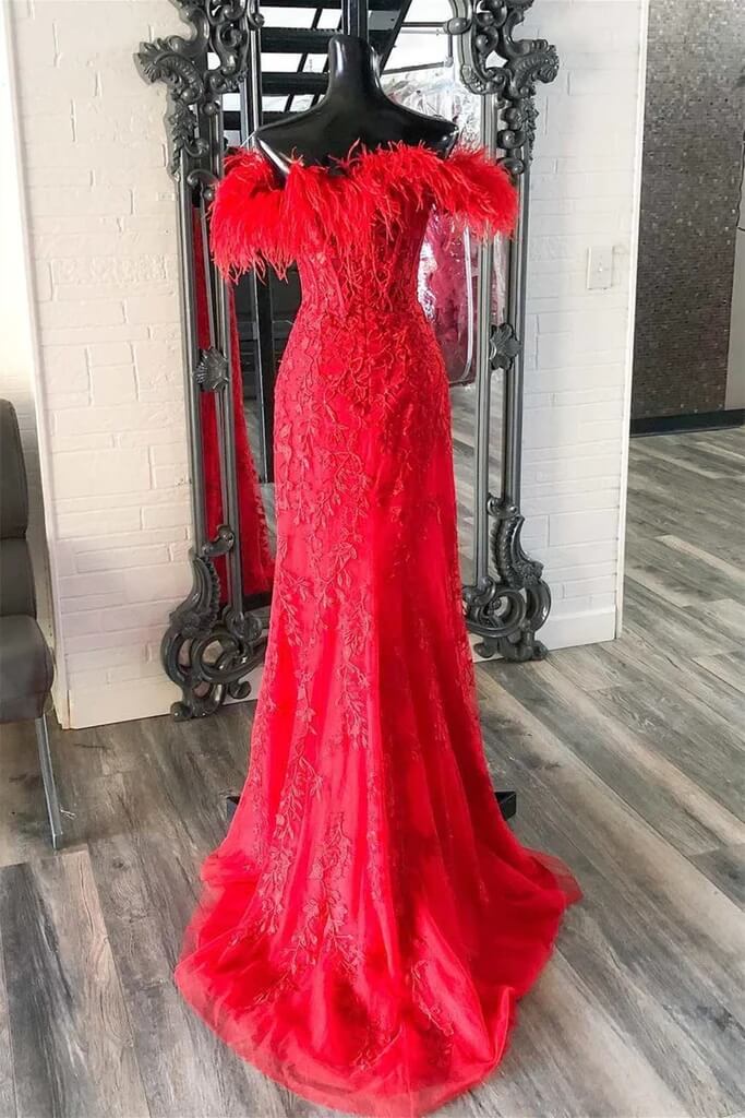 2025 Long Off Shoulder Red Lace Prom Dresses Feathers V Neck Mermaid Evening Dress MyChicDress