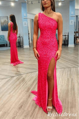 2025 Long Pink Prom Dresses Sequins One Shoulder Evening Gown with Split MyChicDress