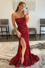 2025 Long Red Prom Dresses Sequin Mermaid Strapless Formal Dress MyChicDress