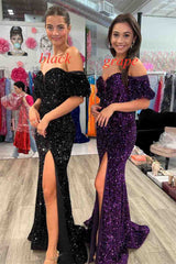 2025 Long Red Puff Sleeves Prom Dress Sparkly Sequined with Side Slit MyChicDress