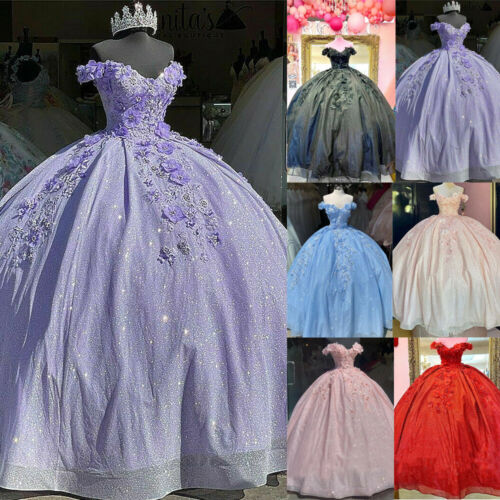 2025 Off the Shoulder Lavender Sweet 16 Sequin 3d Floral Quinceanera Dresses MyChicDress