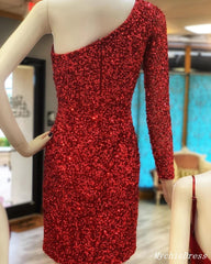 2025 One Shoulder Short Homecoming Dress Burgundy Sequin Prom Dresses MyChicDress