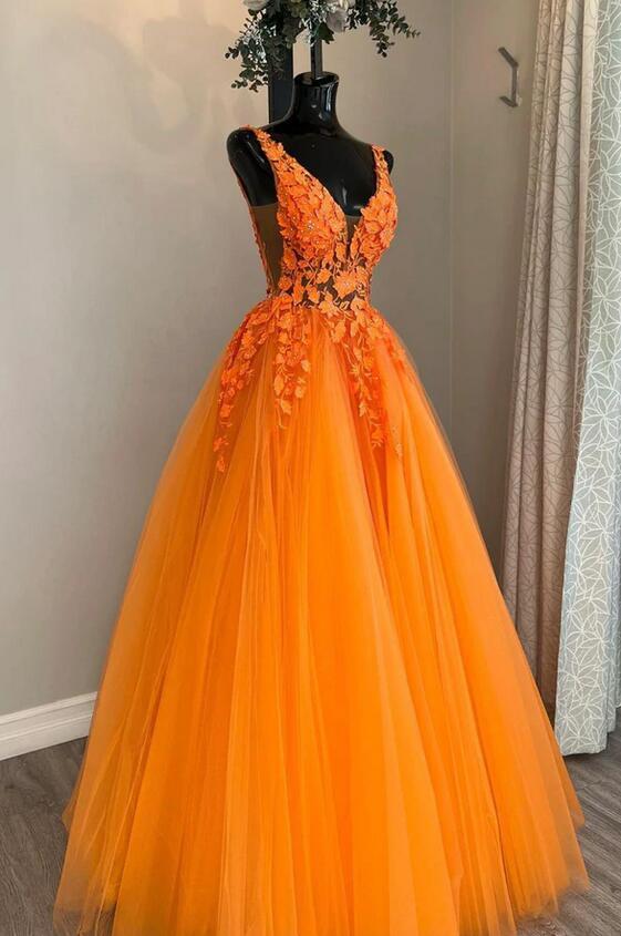 2025 Orange Lace Beaded Prom Dresses V Neck Tulle Sleeveless Evening Dress UK MyChicDress