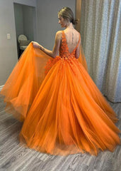 2025 Orange Lace Beaded Prom Dresses V Neck Tulle Sleeveless Evening Dress UK MyChicDress